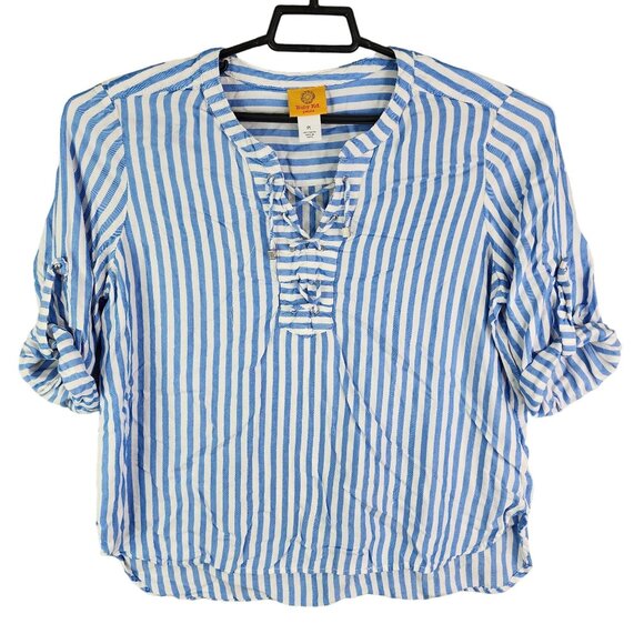 Womens Petite Ruby Rd. Blue & White Striped Blouse Top Rolled Tab Sleeve Size PL - Picture 1 of 9